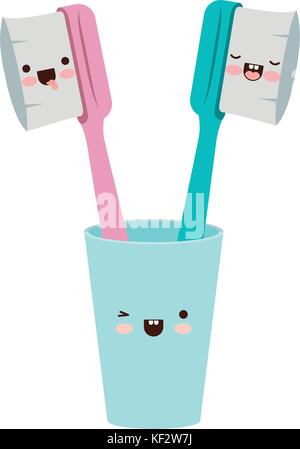 glass with male and female toothbrush kawaii in watercolor silhouette ...