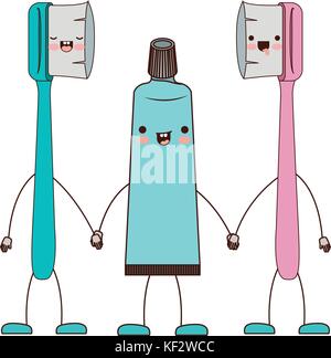 cartoon couple toothbrushes and toothpaste in colorful silhouette Stock Vector