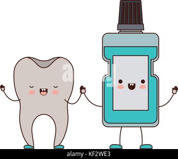 tooth and mouthwash in cartoon holding hands in blue silhouette Stock ...