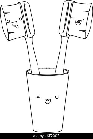 glass with male and female toothbrush kawaii in colored crayon ...