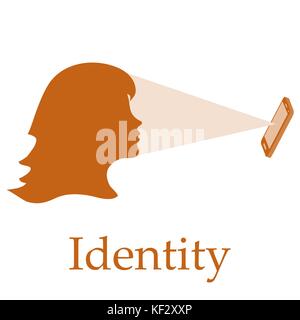 Illustration of recognition of female face by phone. Biometric verification and identification. New technologies. Protection of access to data. Stock Vector