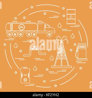 Cute vector illustration of  oil tanker, equipment for oil production, canister of gasoline, barrels with oil, gas station arranged in a circle. Desig Stock Vector