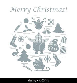 Vector illustration of different new year and christmas symbols arranged in a circle. Stock Vector