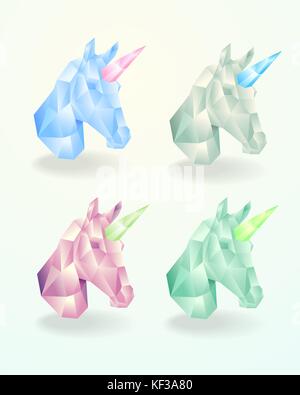 Set of the head of a unicorn. low poly vector design. Polygonal bright 3d design of a cute unicorn. Vector illustration Stock Vector