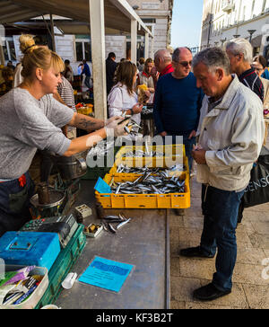 A woman grabs handfuls of fish to weigh for a customer at the busy fish market one morning in Split, Croatia. Stock Photo