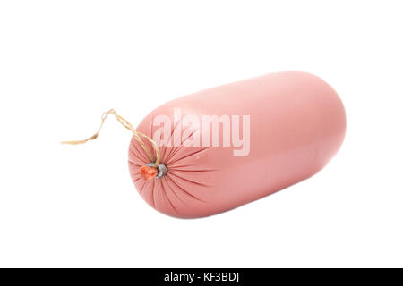 Boiled sausage in a polyamide shell on white background Stock Photo