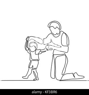 Father and son baby beginning to walk. Continuous line drawing. Vector ...