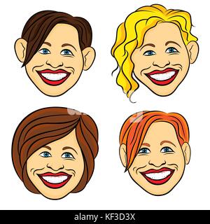 Four laughing female faces with amusing grimaces, hand drawing cartoon color vector illustrations isolated on the white background Stock Vector