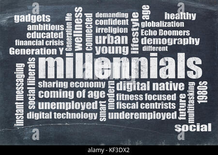 millennials generation word cloud on a vintage blackboard - demography concept Stock Photo