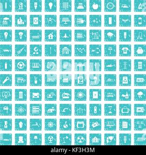100 electricity icons set grunge blue Stock Vector