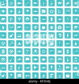 100 elephant icons set grunge blue Stock Vector