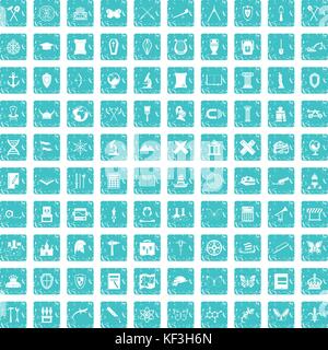 100 archeology icons set grunge blue Stock Vector