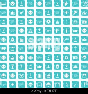 100 emotion icons set grunge blue Stock Vector