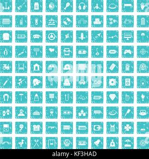 100 entertainment icons set grunge blue Stock Vector