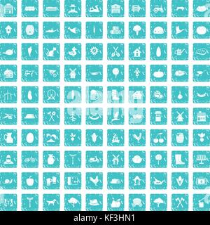 100 farm icons set grunge blue Stock Vector