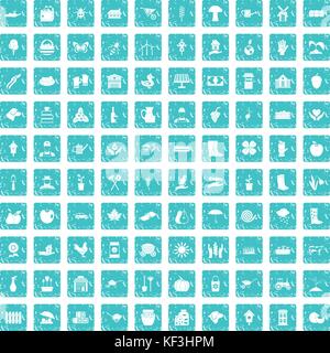 100 farm icons set grunge blue Stock Vector