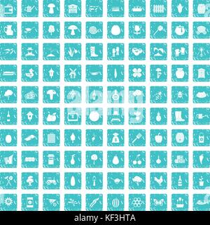 100 farming icons set grunge blue Stock Vector