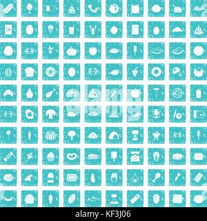 100 favorite food icons set grunge blue Stock Vector