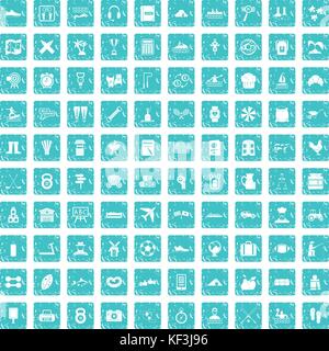 100 activity icons set grunge blue Stock Vector