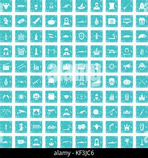 100 film icons set grunge blue Stock Vector