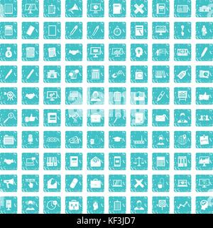 100 finance icons set grunge blue Stock Vector