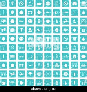 100 fitness icons set grunge blue Stock Vector