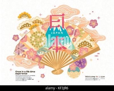 Japan travel concept illustration, traditional fan with Japan country name in Japanese word, with floral and pine tree pattern Stock Vector
