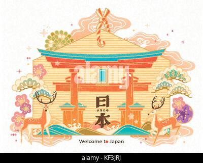 Japan travel concept illustration, wooden plaque with Welcome to Japan in Japanese word, floral and torii elements Stock Vector