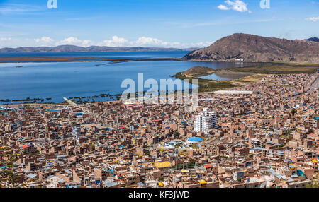 Peruvian city Puno and lake Titicaca panorama, Peru Stock Photo