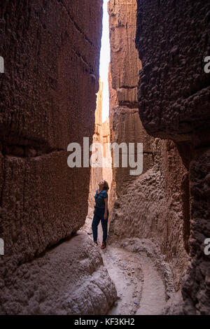 Woman standing in the sandstone chimneys in the Cathedral Gorge State Park, Nevada, USA Stock Photo