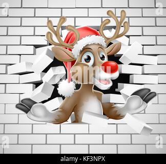 Reindeer in Santa Hat Cartoon Breaking Brick Wall Stock Vector