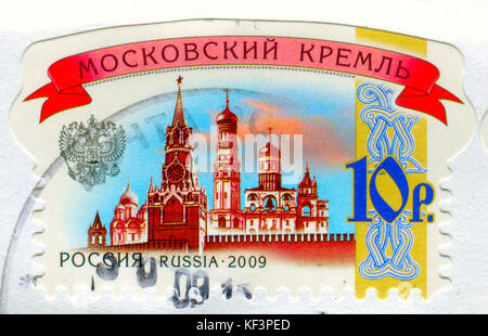 GOMEL, BELARUS, 13 OCTOBER 2017, Stamp printed in Russia shows image of the Moscow kremlin, circa 2009. Stock Photo