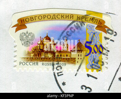 GOMEL, BELARUS, 13 OCTOBER 2017, Stamp printed in Russia shows image of the Novgorod kremlin, circa 2009. Stock Photo