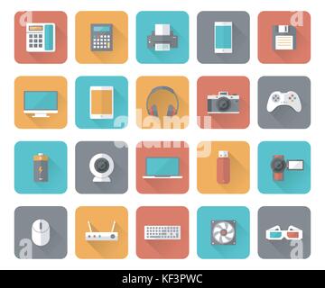 Set of 25 flat office, business, media and web design icons with long shadow effect. Stock Vector
