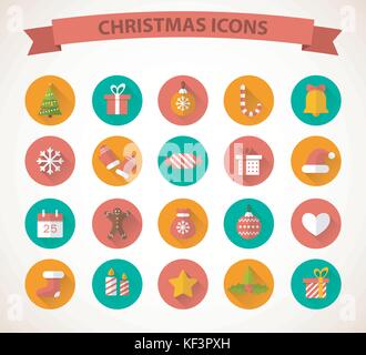 Christmas flat icons with long shadow effect Stock Vector