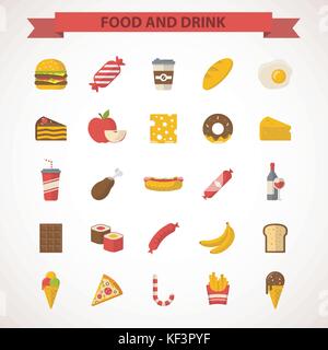 Food and drinks flat design icons. Vector illustrations Stock Vector