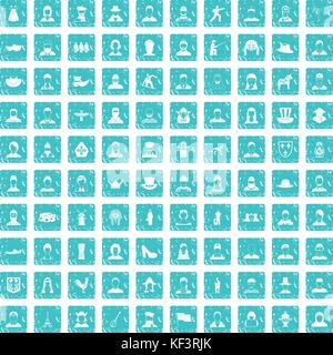 100 folk icons set grunge blue Stock Vector