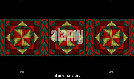 Geometric ethnic national embroidery square. Fabric textile decoration folk fabric stitched texture red blue thread needlework vector illustration seamless border Stock Vector