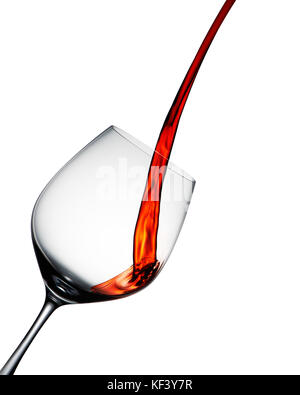 Red wine poured into elegant wine glass isolated on white Stock Photo