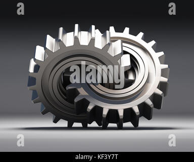 3D illustration. A pair of interlaced gears made out of metal. Stock Photo
