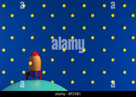 3D illustration. A cartoon rocket on a starry sky. Stock Photo