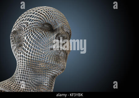 3D illustration. A computer generated wired head on a background. Artificial mind concept. Stock Photo