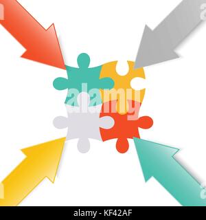 Colorful 3d arrow paper point at jigsaw puzzle for business graphic concept design Stock Vector