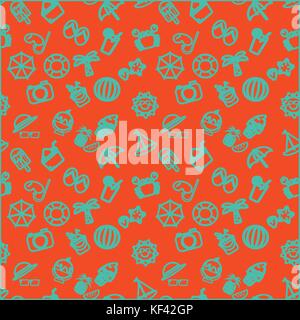 Green outline of summer items icon vector pattern on orange background Stock Vector