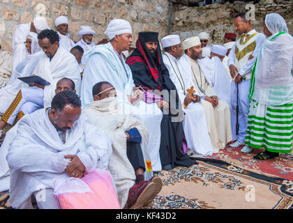 Ethiopian Orthodox worshipers waiting for the Holy fire ceremony to begin at the Ethiopian section of the Holy Sepulcher in Jerusalem Israel Stock Photo