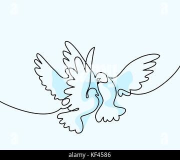 Continuous one line drawing. Flying two pigeons logo. Soft colors blue background vector illustration. Concept for logo, card, banner, poster, flyer Stock Vector