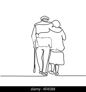 Continuous line drawing. Happy elderly couple hugging and walking. Vector illustration Stock Vector