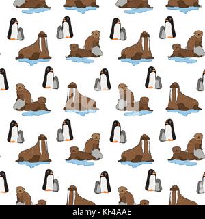 Seamless pattern with cute penguins, walruses and fur seals. Hand-drawn winter illustration. Vector. Stock Vector