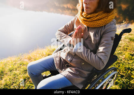 Senior woman in a wheelchair in autumn nature. Stock Photo