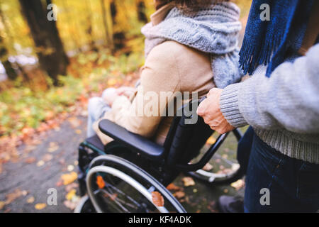 Senior couple with wheelchair in autumn forest. Stock Photo